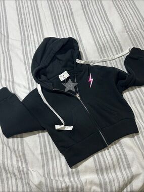 Pixie Lane Kids Black Zip-Up Hoodie with Pink Lightning Bolt